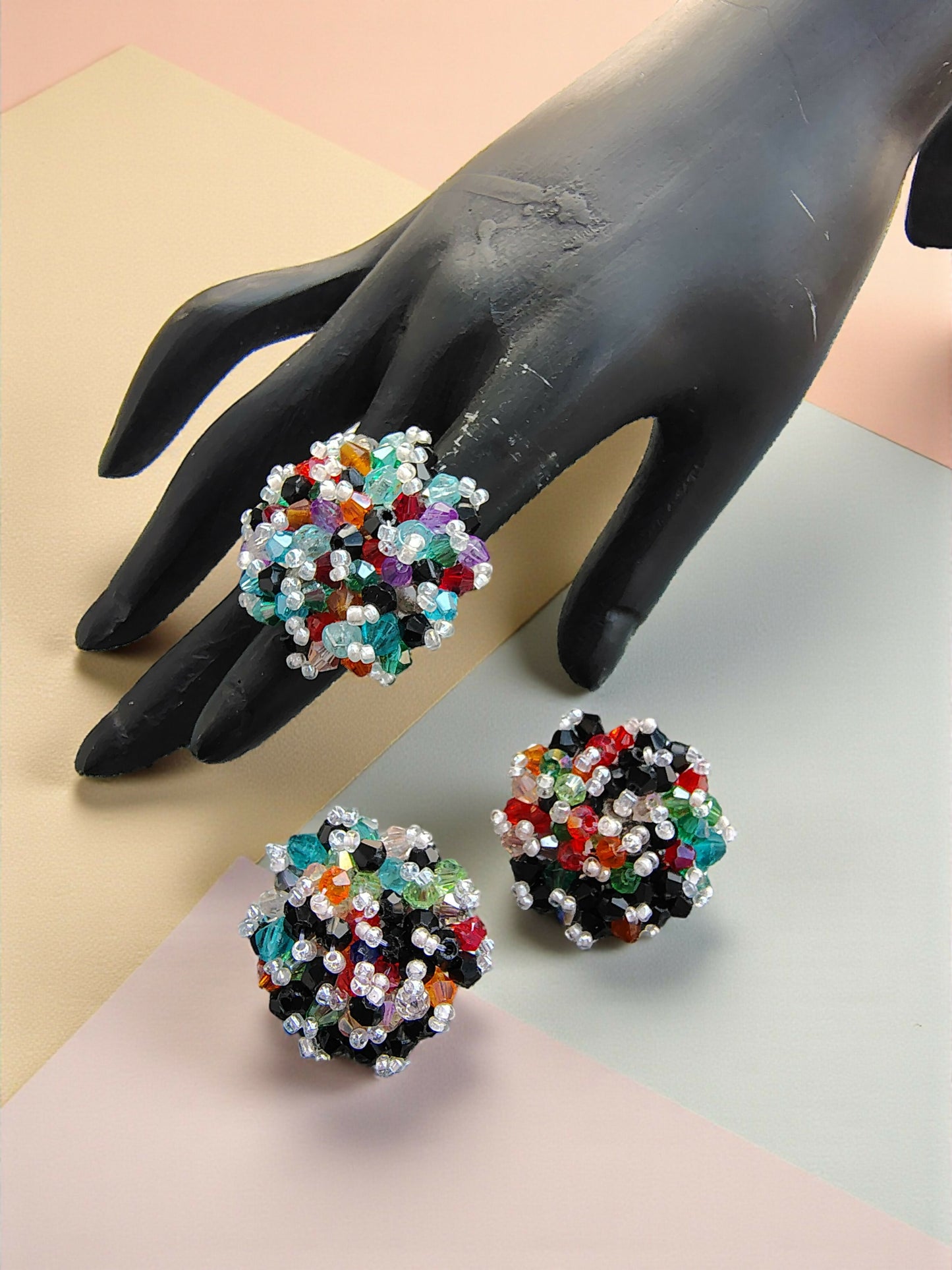 Inhanns Rangmani Crystal Duo – Adjustable Ring + Statement Earrings Set - Multicolor 1 - Distacart