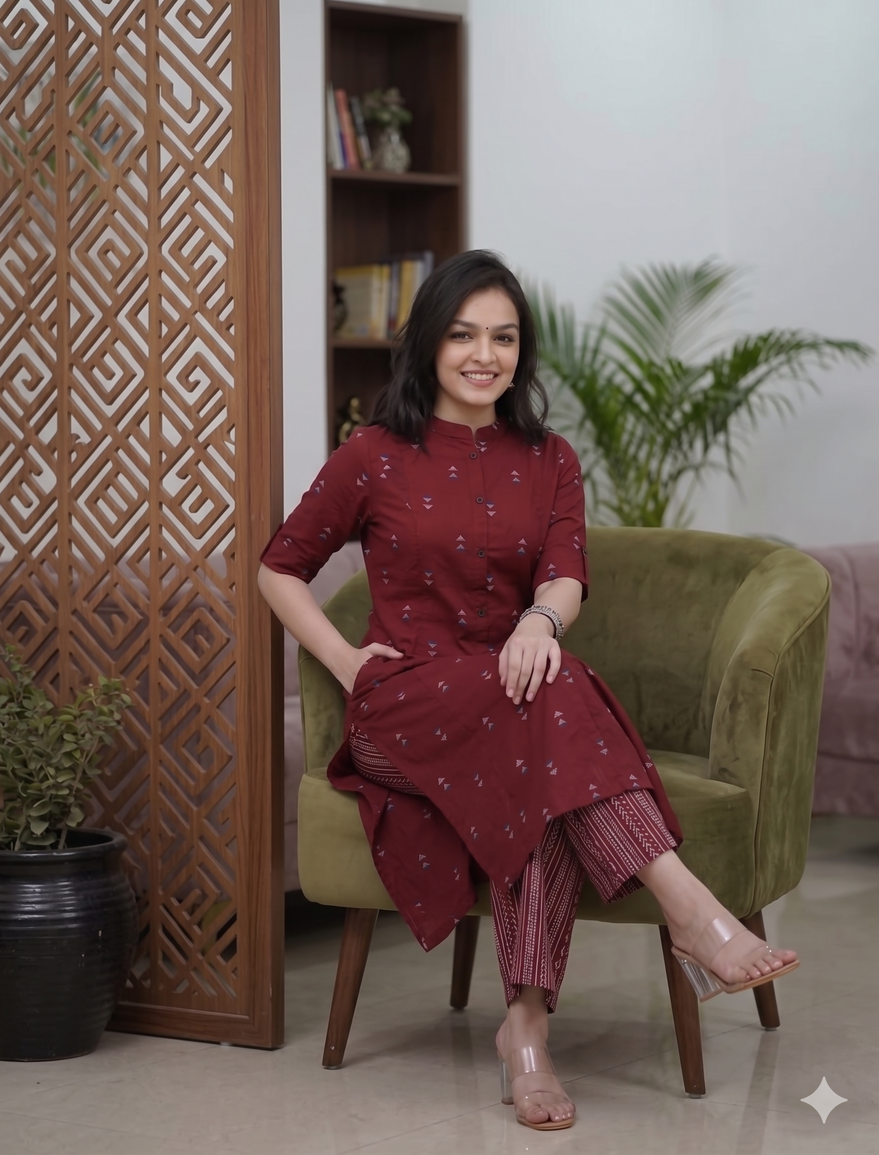 Teeya Creation Elegant Red Cotton Kurta Set Featuring Button Detail And Printed Palazzos - Dista
