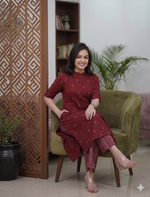 Thumbnail for Teeya Creation Elegant Red Cotton Kurta Set Featuring Button Detail And Printed Palazzos - Dista