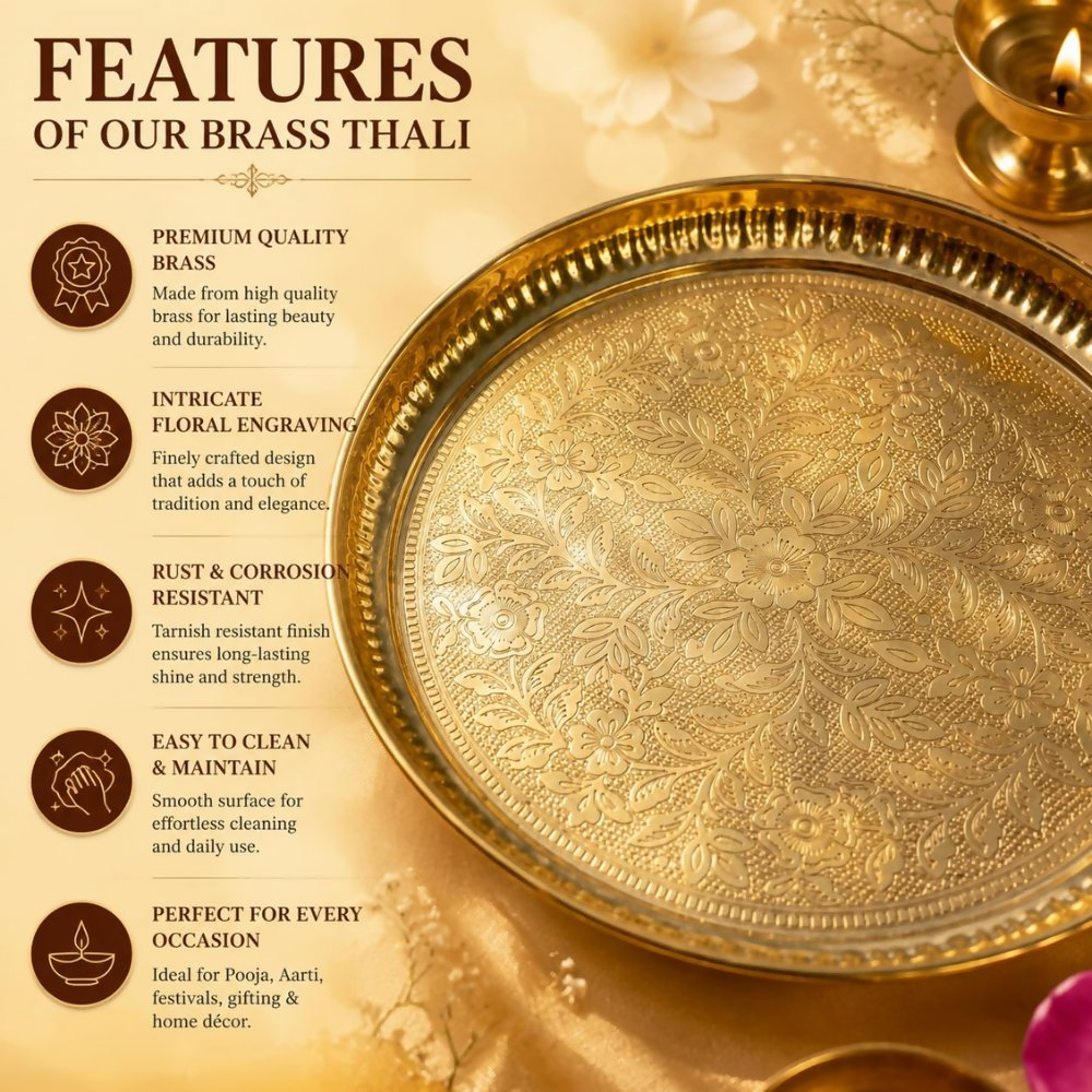 Pure Source India Handmade Flower Embossed Design Brass Puja Thali - Dista