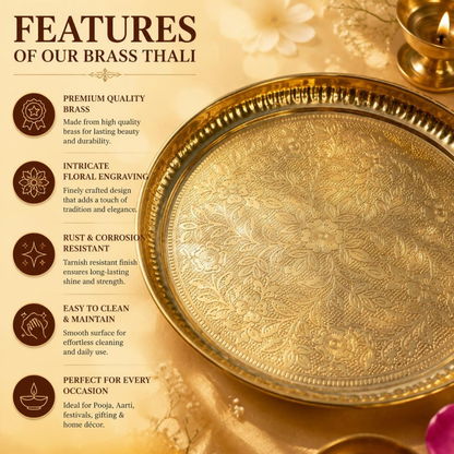 Pure Source India Handmade Flower Embossed Design Brass Puja Thali - Dista