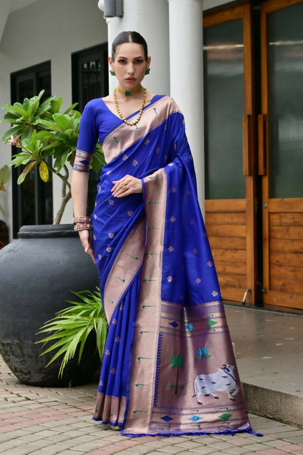 Vishnu Weaves Women's Royal Paithani Silk Zari Woven Saree with Blouse