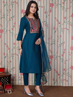 Thumbnail for Ode by House of Pataudi Blue Ethnic Motifs Embroidered Zari Kurta With Trousers & Dupatta - Distacart