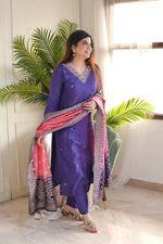 Thumbnail for The52 Purple Women's Gorgeous Embroidered Vichitra Fabric Straight Kurta Pant with Dupatta Set - Distacart