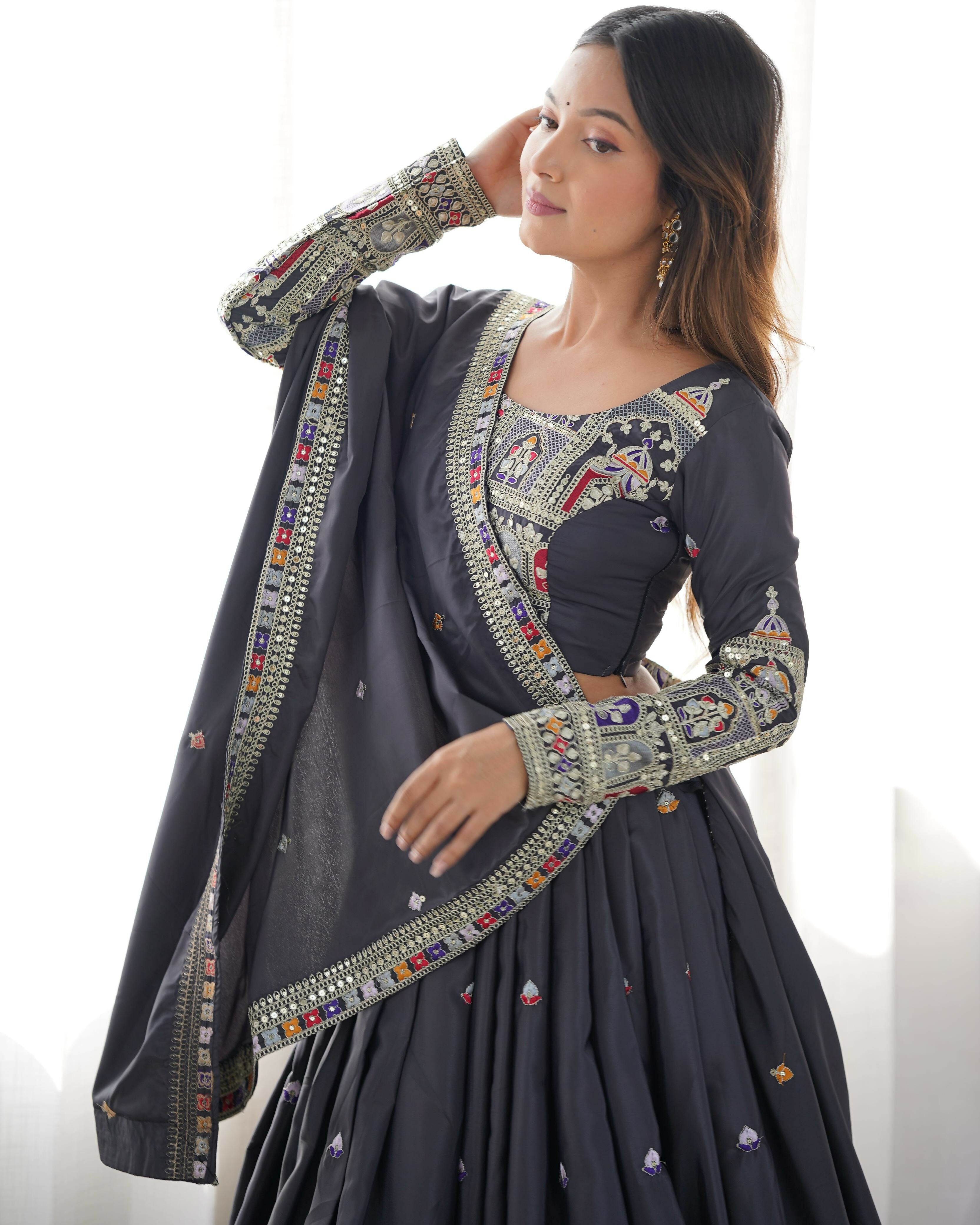 Joban Fashion Dark Grey Lehenga Crepe silk Coding Dori with Sequence with Rivet Moti