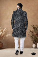 Thumbnail for Joban Fashion Men's Black Base White & Blue Straight Velvet Thread & Sequence Embroidery All Over Indo-Western Kurta Set - Distacart