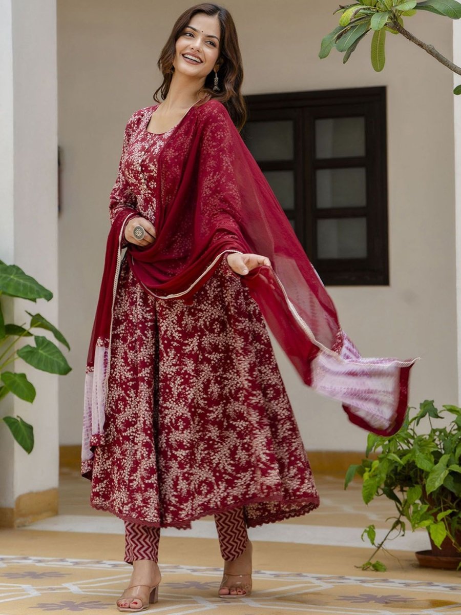 Anouk Red Floral Printed Empire Pure Cotton Anarkali Kurta With Pyjamas & Dupatta - Distacart