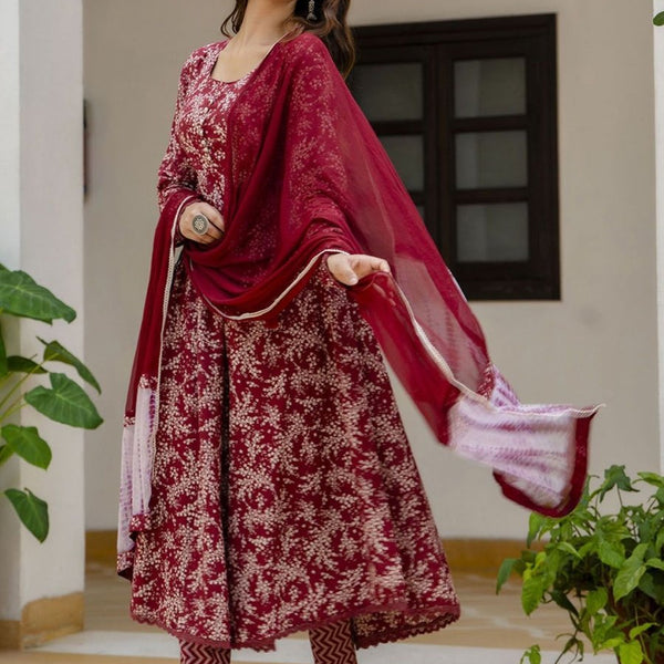 Anouk Red Floral Printed Empire Pure Cotton Anarkali Kurta With Pyjamas & Dupatta - Distacart
