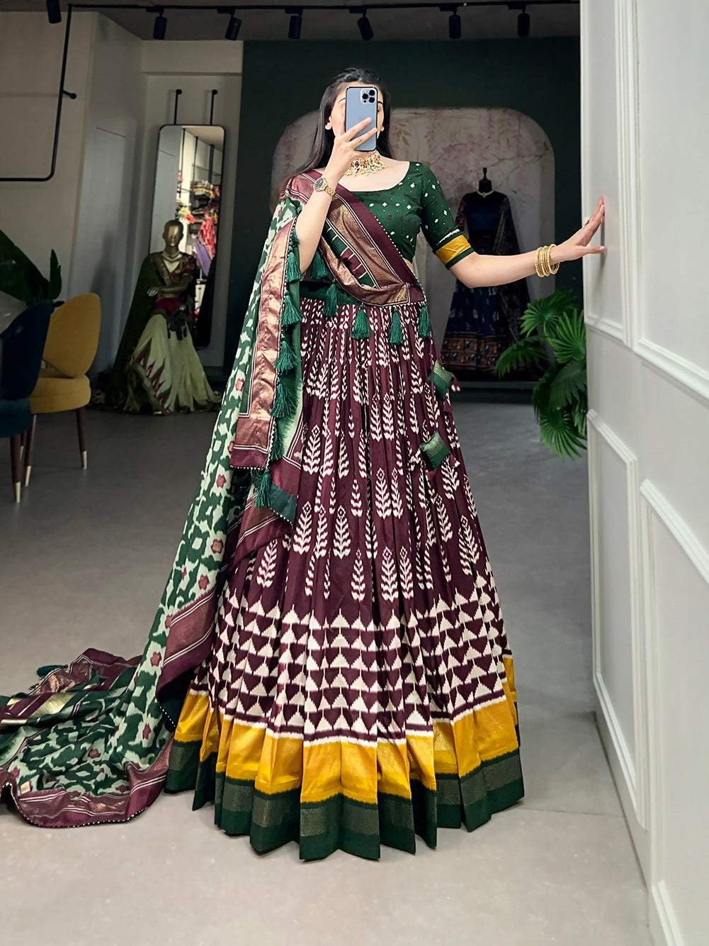 Vastranavya Traditional Printed Tusser Silk Lehenga Choli - Wine - Distacart