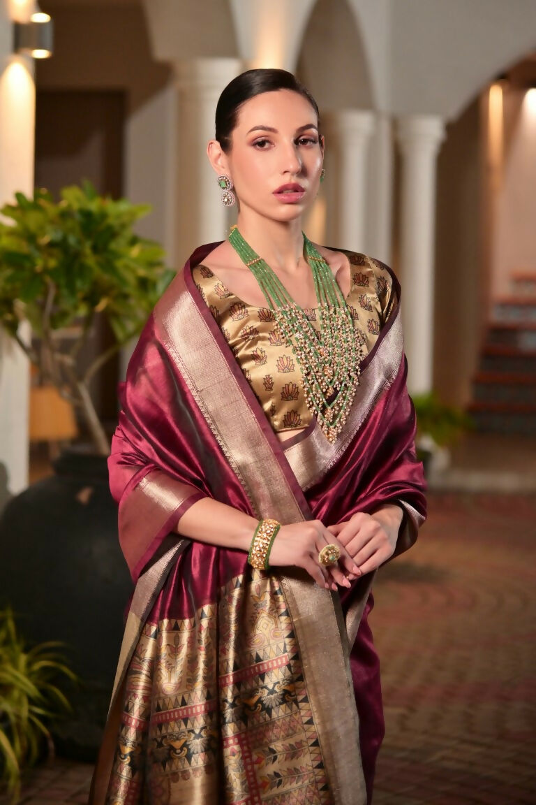 Vishnu Weaves Women's Maroon Soft Tussar Silk Printed Saree with Blouse