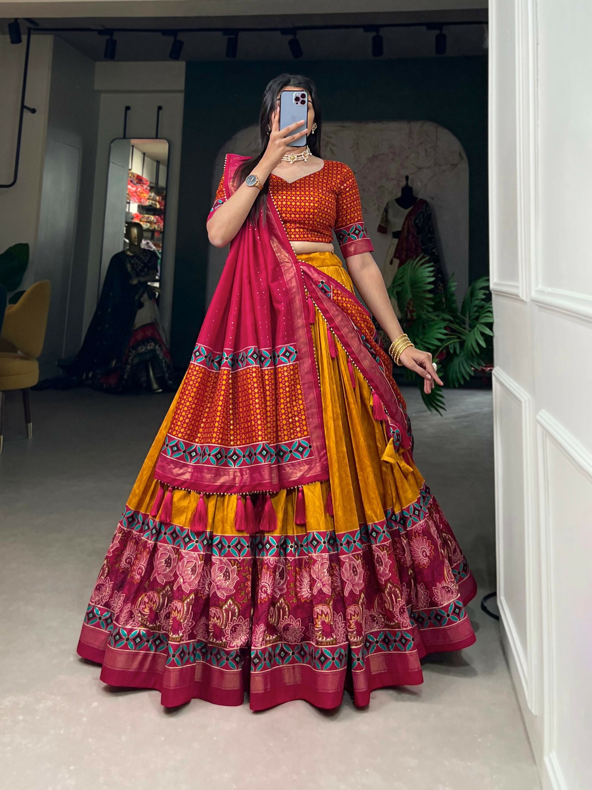 Vastranavya Floral Print With Foil Print Tussar Silk Lehenga with Unstitched Blouse - Mustard - Distacart