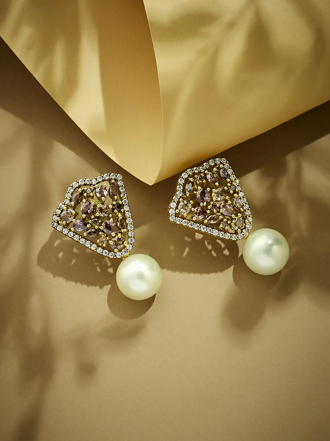 Nuyug 22K Gold-Plated Elegant Zircon Stone Studded & Pearls Drop Stud Earrings
