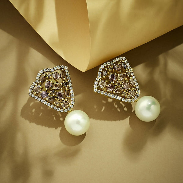 Nuyug 22K Gold-Plated Elegant Zircon Stone Studded & Pearls Drop Stud Earrings