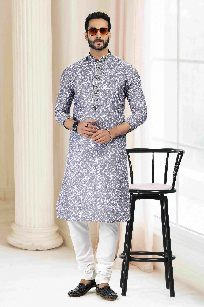 Raivat Ethnic Cotton Thread Work Kurta Pajama In Grey Colour - Dista