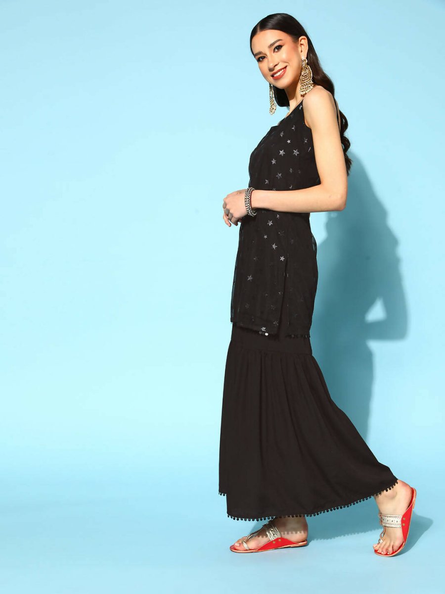Ahalyaa Women Black Colour Crepe Foil Printed Kurta Sharara Set With Dupatta - Distacart