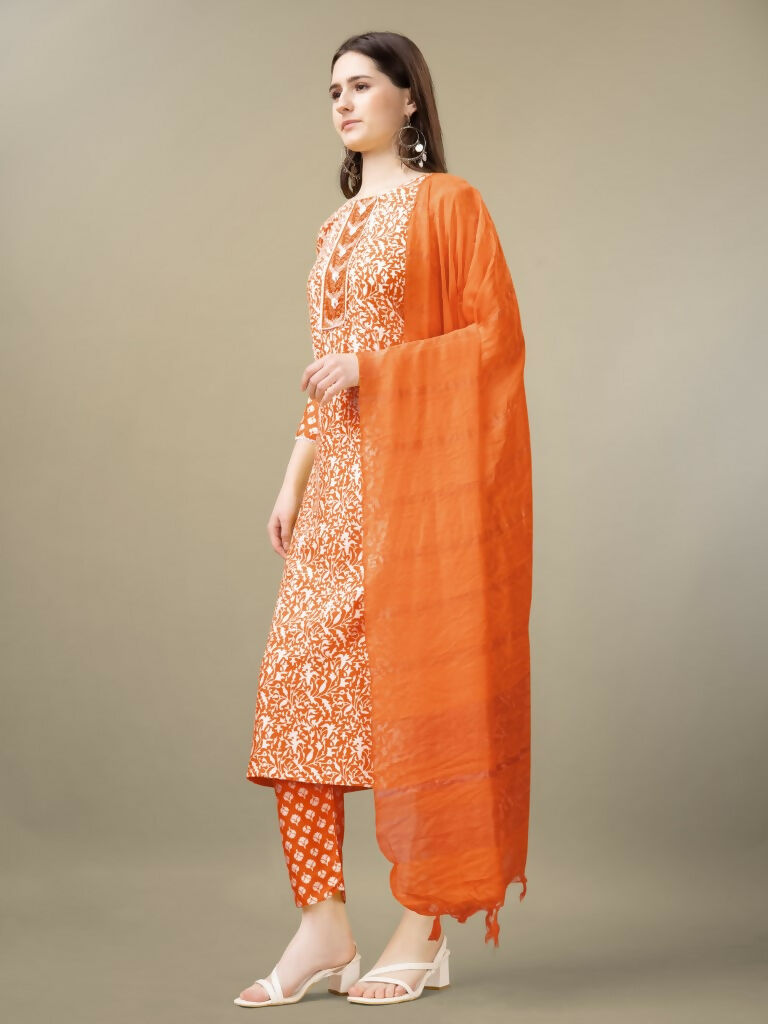 Jyoti Fashion Women's Orange Rayon Embroidery & Sequence work Kurta with Trouser & Dupatta - Distacart