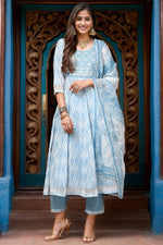 Thumbnail for Ahika Blue Cotton Blend Ethnic Motif Printed Flared Suit Set