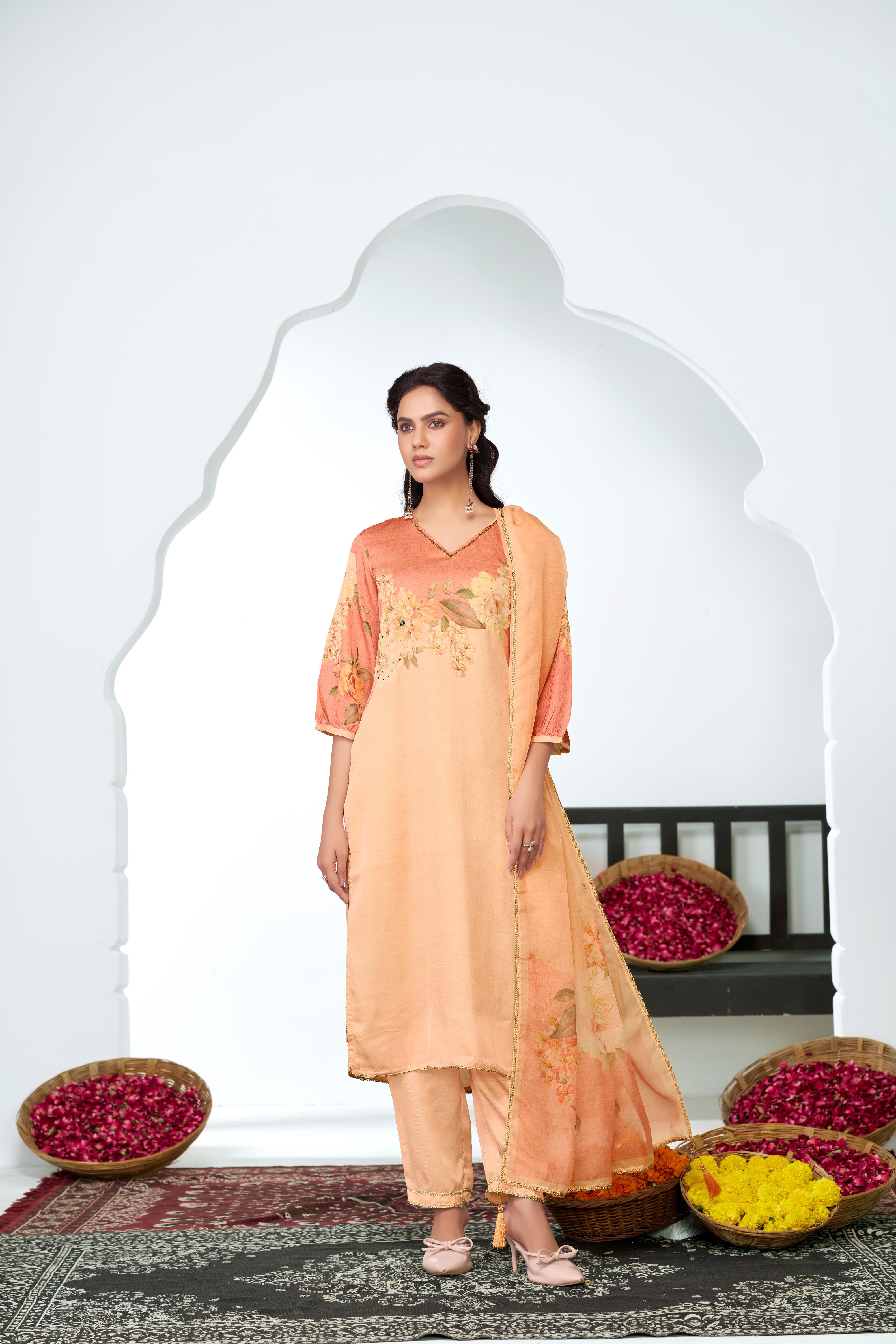 BulBul Tasneem Silk Peach Kurta Set with Dupatta