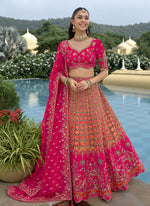 Thumbnail for Vegaa Fashion Pink Silk Embroidered & Hand Work Wedding Wear Lehenga Choli - Distacart