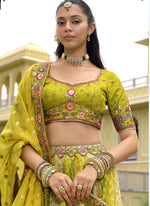 Thumbnail for Vegaa Fashion Multicolor Silk Embroidered & Hand Work Wedding Wear Lehenga Choli - Distacart