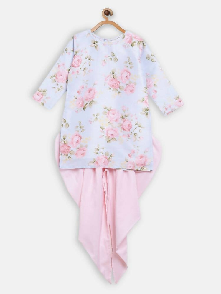 Ahalyaa Pink Polysilk Floral Printed Kids Kurta Dhoti Set For Girls - Distacart