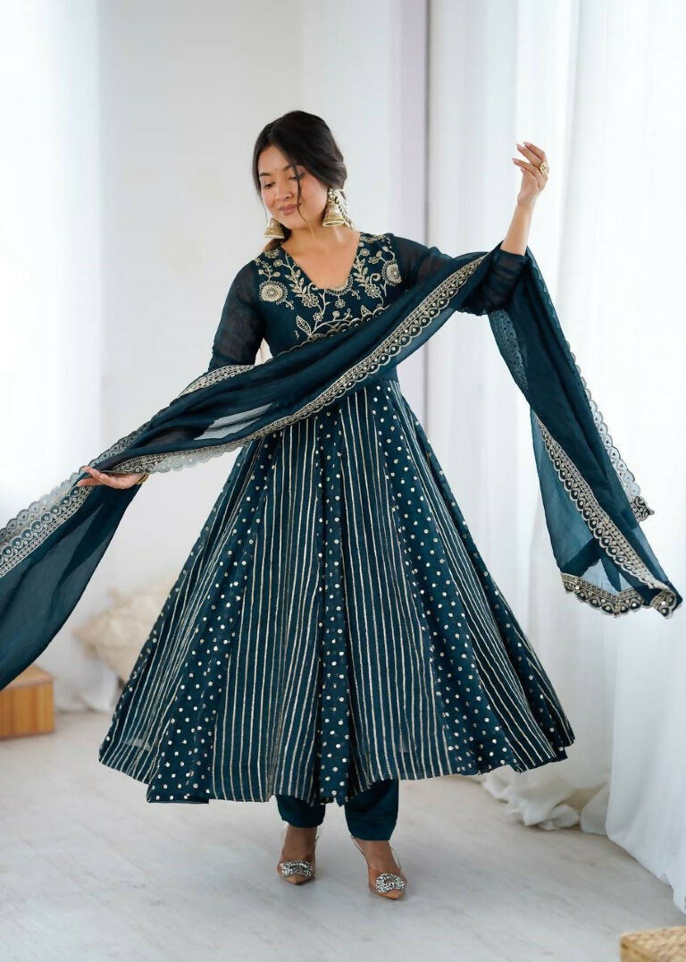 Teeya Creation Teal Color Heavy Crunchy Silk Embroidery Work Gown