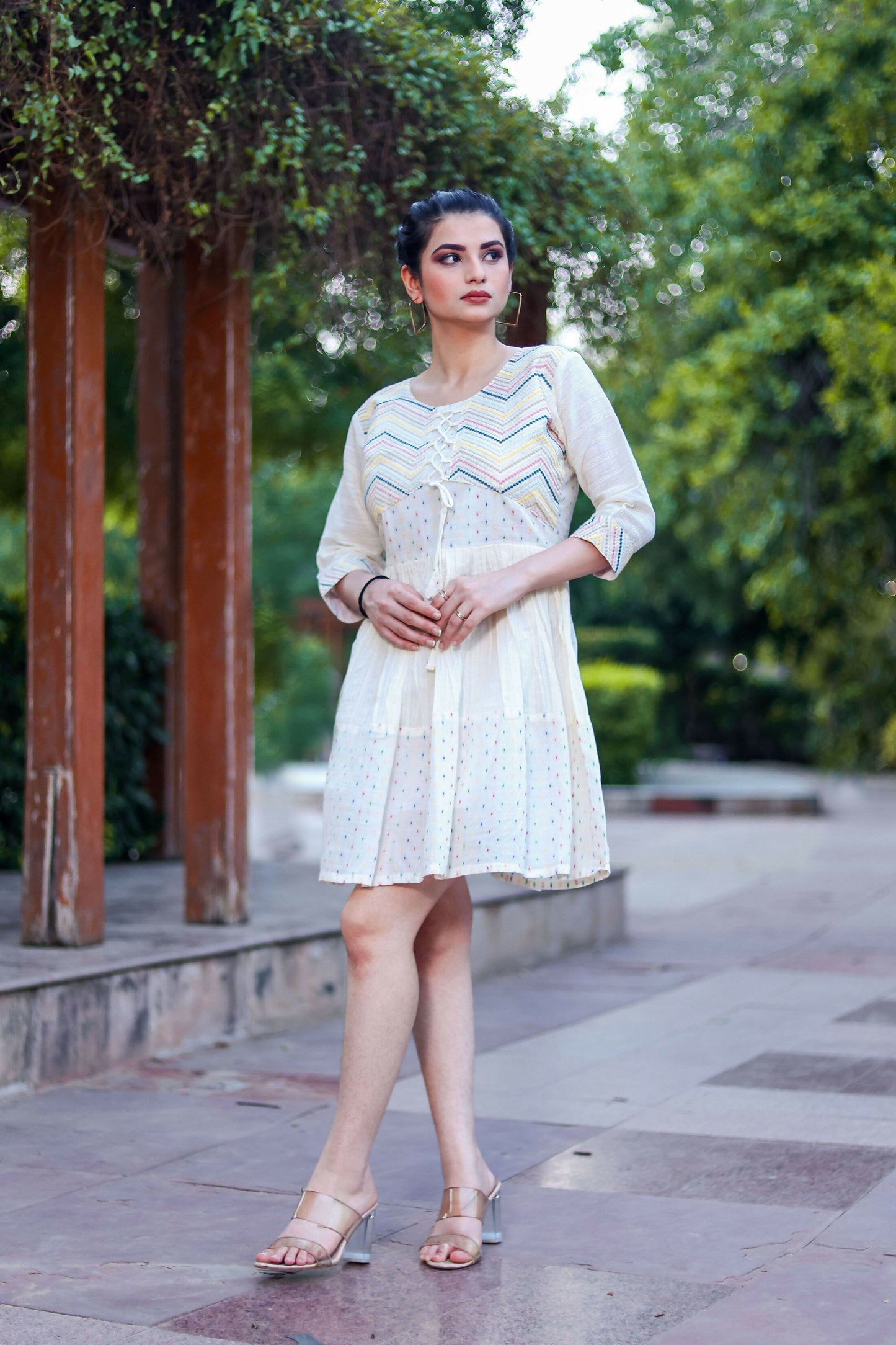 Aayaa Designer Multi Thread Hand Work Khadi Cotton One Piece Dress - Off White - Distacart