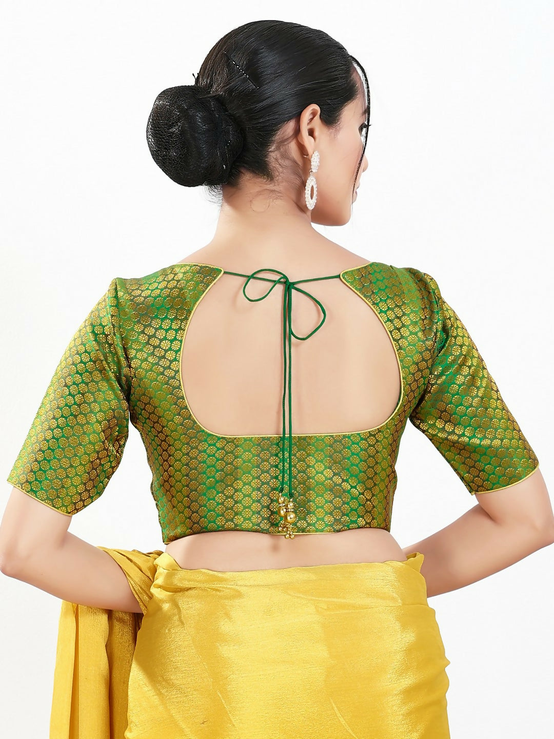 Joban Fashion Green Brocade Padded Blouse With Sweetheart Neck Elbow Sleeves