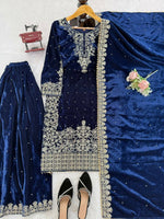 Thumbnail for Vastranavya Blue Viscose Velvet Cording Sequence With Moti Work Top-Bottom With Dupatta