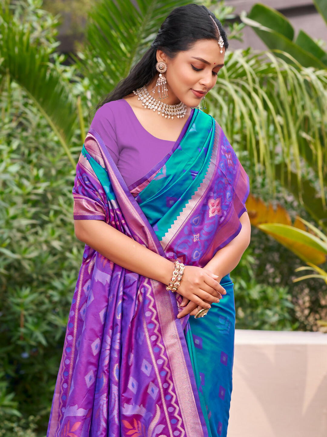 Shree Shyam Fashion Rama Blue Pochampally Silk Saree - Distacart