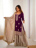Thumbnail for Lehenga Mart Designer Sharara Suit With Kurta, Sharara, Dupatta For Women-Wine - Distacart