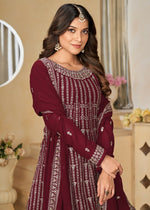 Thumbnail for Faux Georgette Maroon Embroidered Gharara Style Suit - Emponline - Distacart