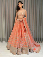 Thumbnail for Jyoti Fashion Delightful Orange Sequins, Zari with Embroidered Devsena Silk Lehenga Choli with Dupatta - Distacart