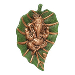 Thumbnail for eCraftIndia Metal Golden Lord Ganesha On Green Leaf Wall Hanging Sculpture - Distacart