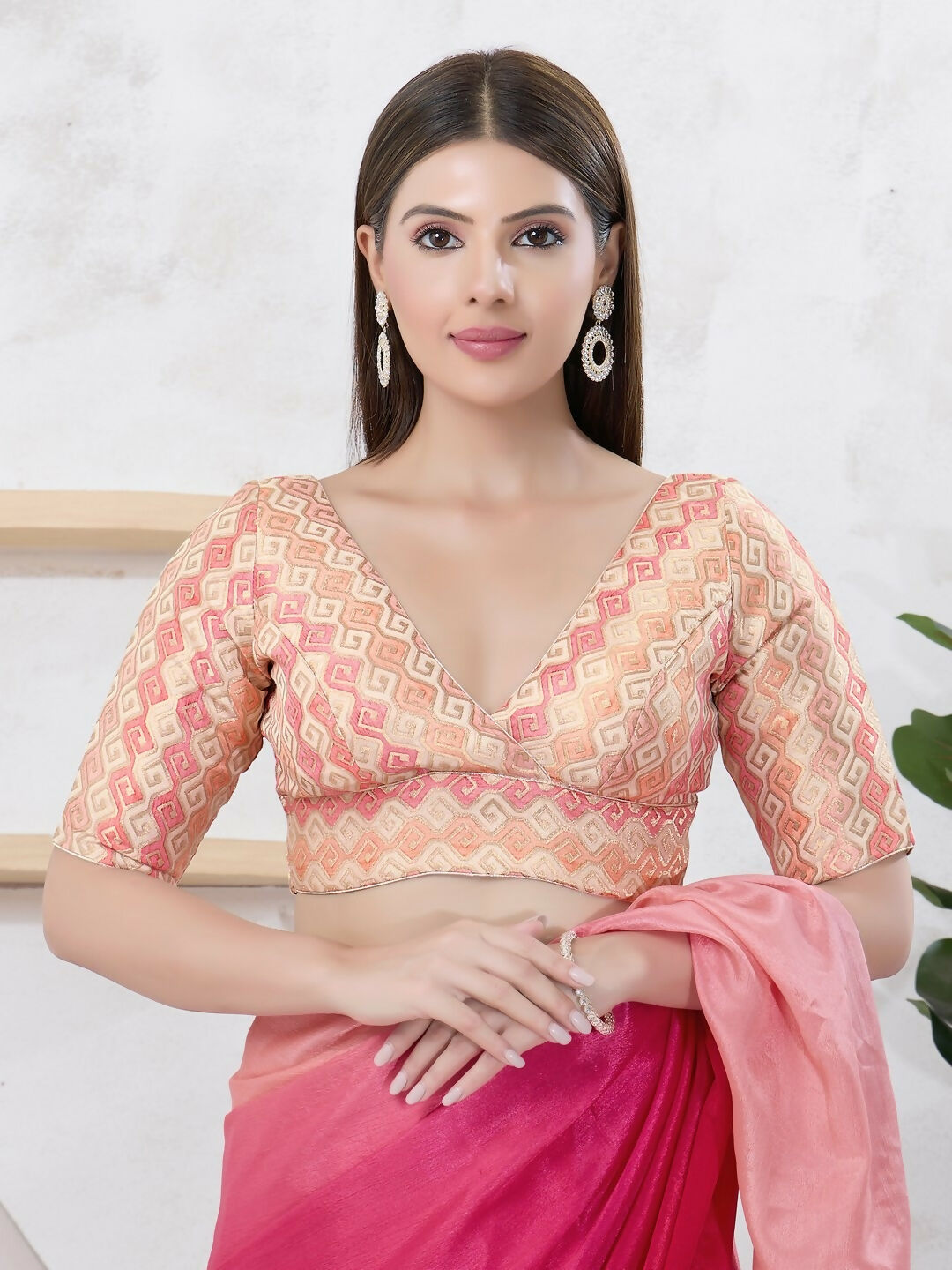 Joban Fashion Gold Brocade Elbow Sleeveless Back Open Blouse