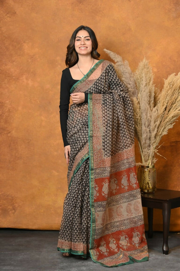 Very Much Indian Handloom Pure Kota Cotton Handblock Printed Saree - Cerulean Print - Distacart
