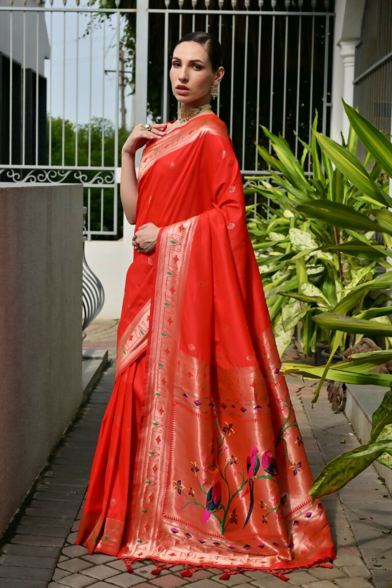 Vishnu Weaves Women's Red Paithani Silk Zari Woven Saree with Blouse