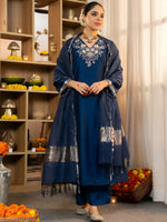 Thumbnail for The52 Women's Beautiful Viscose Silk Fabric Embroidery Work A-Line Kurta Pant and Dupatta Set - Distacart
