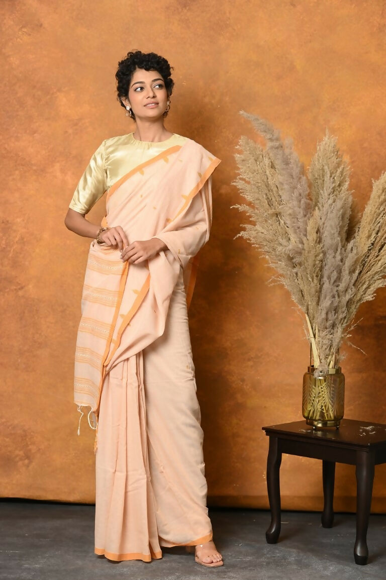 Very Much Indian Handloom Pure Cotton Saree With Sleek Border - Light Peach - Distacart