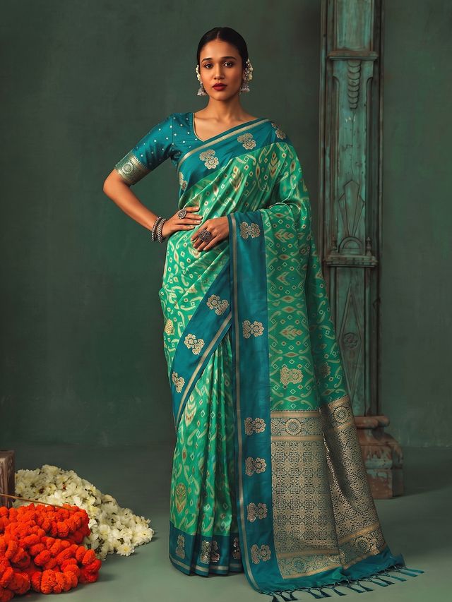 Shree Shyam Fashion Rama Zari Work Silk Woven Design Festive Wear Saree With Blouse