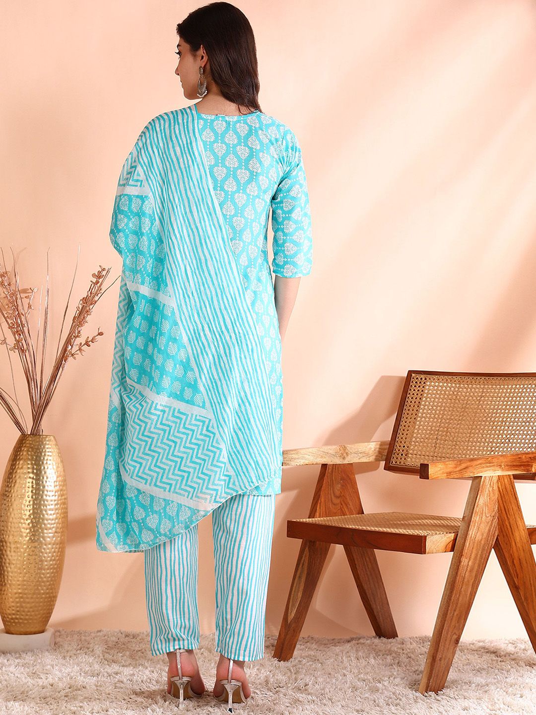 Ode by House of Pataudi Thread Work Pure Cotton Straight Kurta with Trousers & Dupatta - Distacart