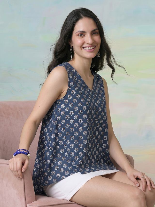 Janasya Teal A-Line Cotton Top - Dista