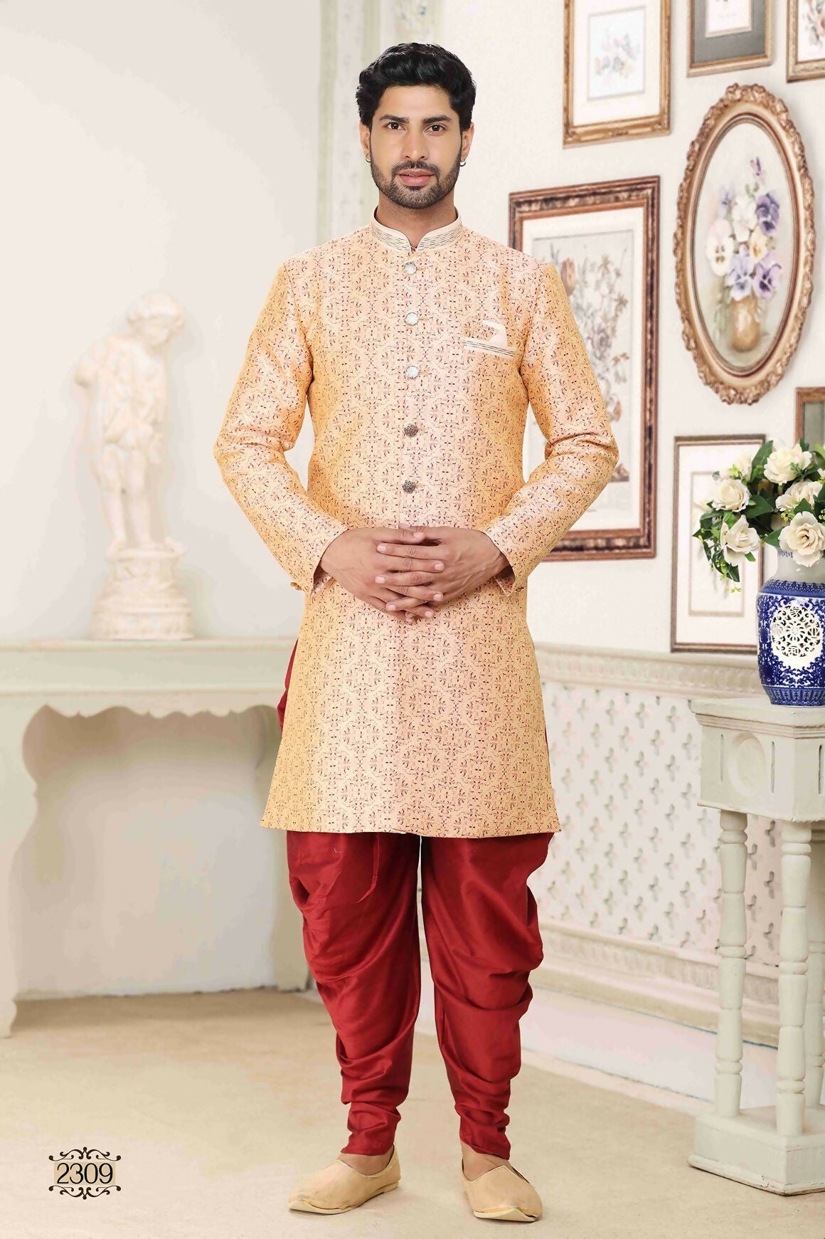 Raivat Ethnic Banarasi Jacquard Embroidery Semi Indo Western Sherwani In Cream Maroon Colour