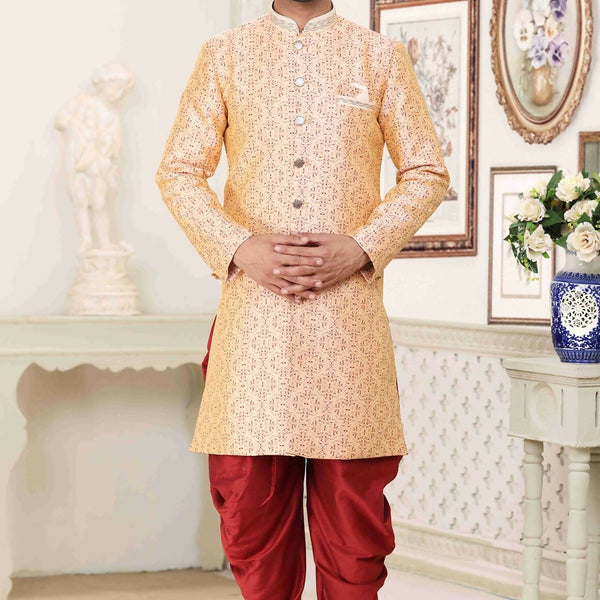 Raivat Ethnic Banarasi Jacquard Embroidery Semi Indo Western Sherwani In Cream Maroon Colour - Distacart