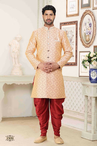 Raivat Ethnic Banarasi Jacquard Embroidery Semi Indo Western Sherwani In Cream Maroon Colour