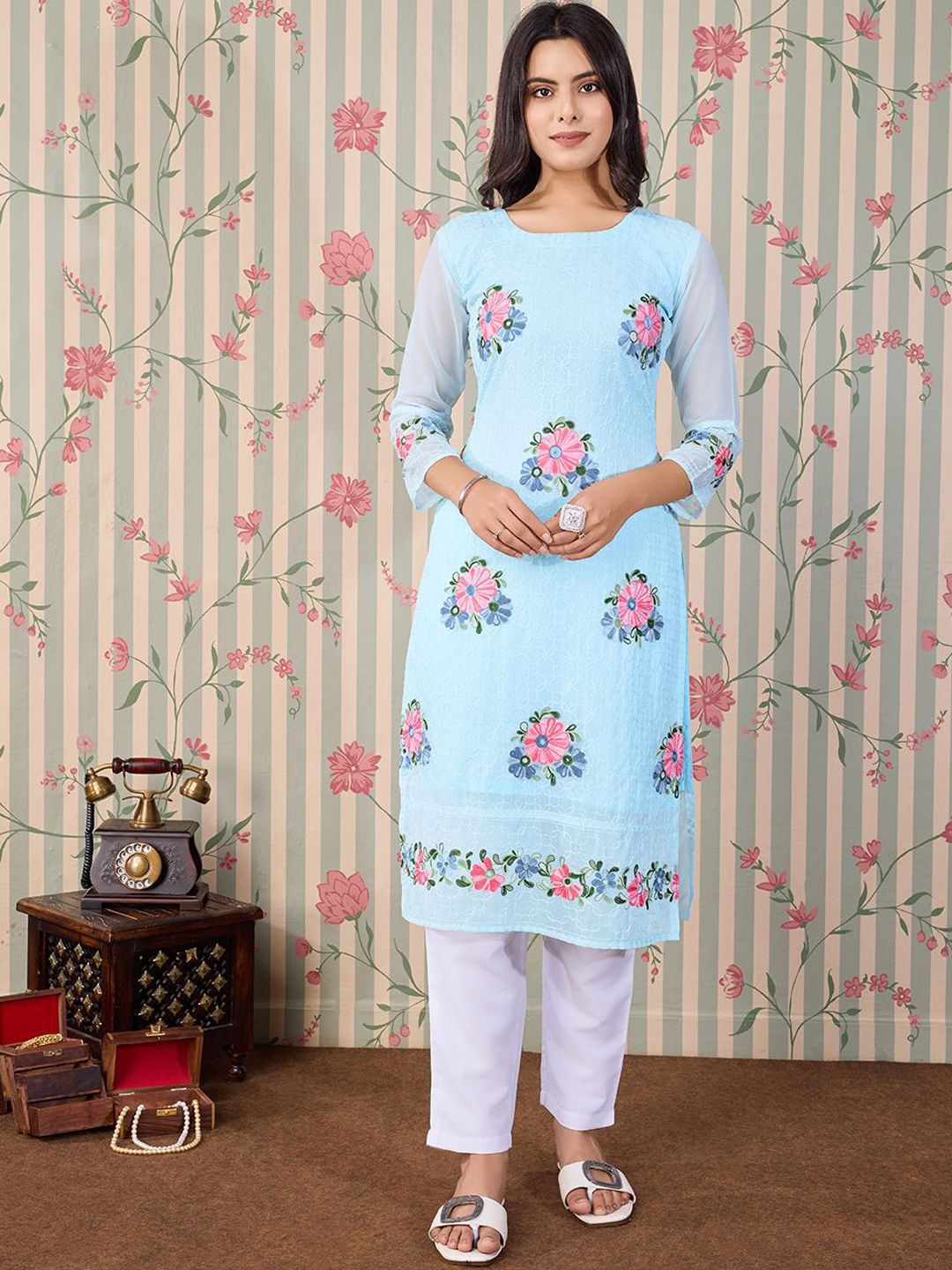 Ode by House of Pataudi Floral Embroidered Thread Work Floral Georgette Straight Kurta - Distacart