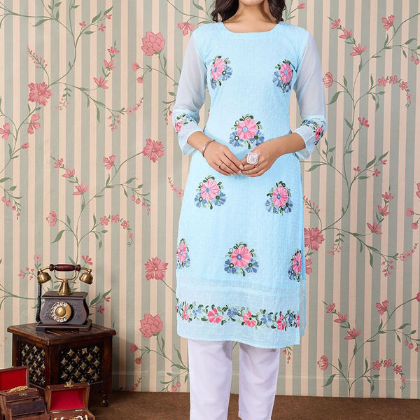 Ode by House of Pataudi Floral Embroidered Thread Work Floral Georgette Straight Kurta - Distacart