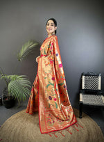 Thumbnail for Joban Fashion Pastel Red Floral & Bird Motifs Soft Silk Paithani Saree - Distacart