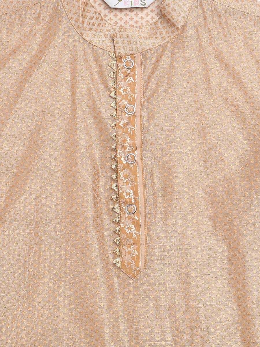 Ahalyaa Boys Beige Poly Silk Gold Printed Kids Kurta Churidar Set - Distacart