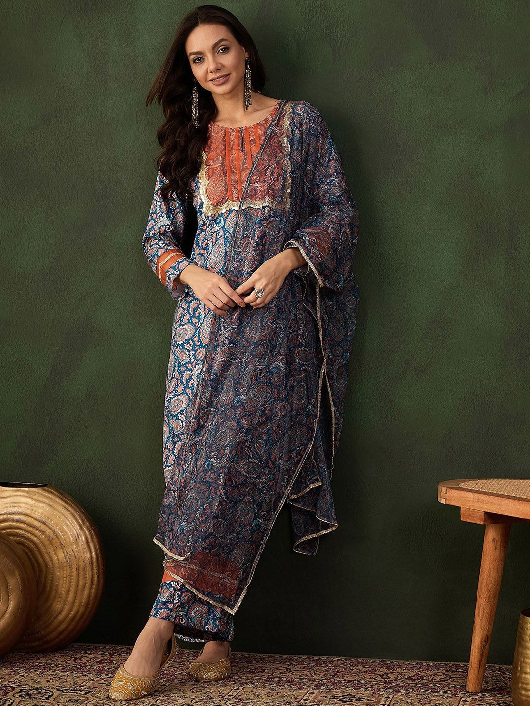 Sangria Printed Kurta & Palazzo With Dupatta - Distacart